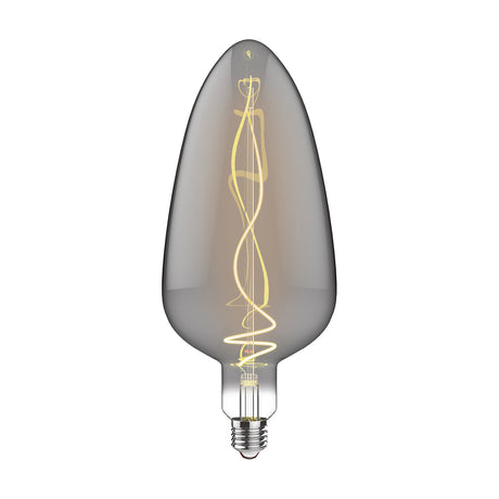 Classic E27 dimmable LED bulb in smoked glass with a teardrop shape and spiral warm-white filament, E27 metal screw cap, shown on a plain white background.