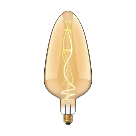 Vintage-style E27 LED bulb with an oversized amber glass teardrop shape, visible spiral filament, and brass-tone screw base against a plain white background.
