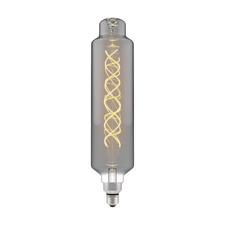 Tall slim E27 dimmable LED bulb with smoked glass tube and visible spiral filament, on a plain white background.