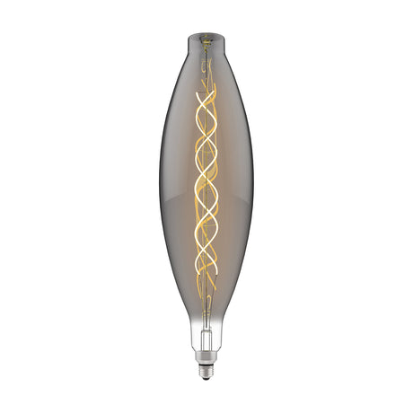 Elongated E27 dimmable filament bulb with smoked glass, spiral warm-white LED filament, and metal screw cap, shown on a plain white background.