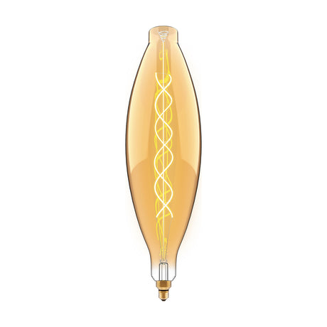 Elongated vintage-style E27 LED bulb with amber glass and a spiral filament, 4W dimmable, 2100K warm light, shown on a plain white background.