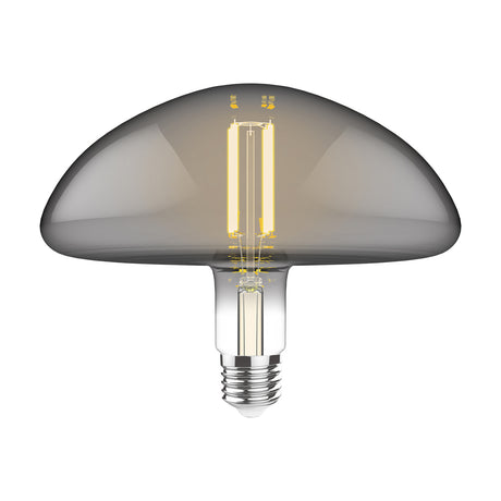 Classic E27 dimmable LED bulb in a mushroom-shaped smoked glass globe with visible filaments and chrome-finish screw cap, shown against a plain white background.