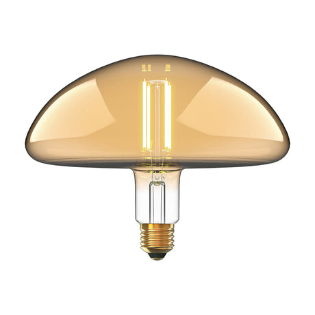 Classic E27 dimmable LED bulb with oversized mushroom-shaped amber glass dome, visible vertical filaments, and brass E27 cap, on a plain white background.