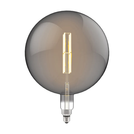 Large 20cm globe LED bulb with smoked glass finish, visible vintage-style filament, and E27 metal screw fitting, shown on a plain white background.