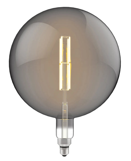 Large 20cm smoked glass globe LED filament bulb with visible warm-glowing filament and E27 metal screw fitting, shown against a plain white background.