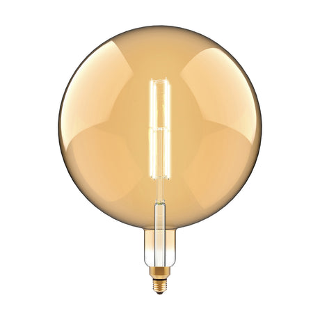 Large 20cm globe LED light bulb in amber-tinted glass with visible vintage filament and E27 brass fitting, shown on a plain white background.