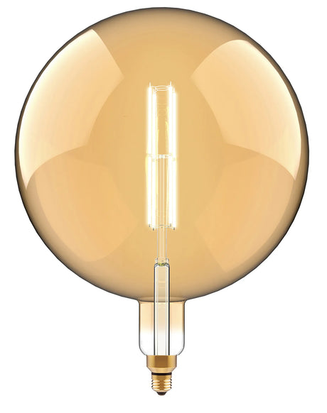 Large 20cm globe LED bulb in amber glass with visible vintage filament and E27 brass fitting, dimmable, 2100K warm white, shown on a plain white background.