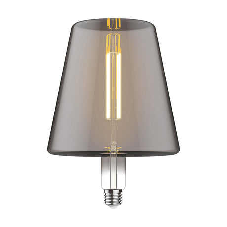 Classic E27 dimmable LED bulb with a wide, cone-shaped smoked glass shade, 25cm size, visible warm-glowing filament, and metal E27 base on a plain white background.
