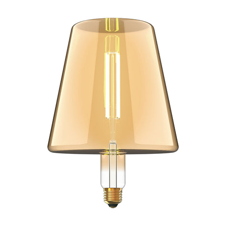 Classic E27 dimmable LED bulb with a wide, cone-shaped amber glass envelope and visible vertical filament, brass-tone cap, shown on a plain white background.