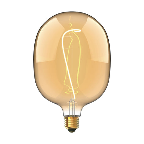 Large oval E27 vintage bulb in amber glass with a visible curved filament and brass-tone screw fitting, shown on a plain white background.