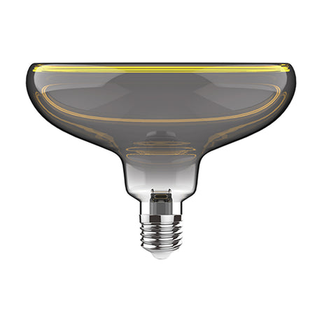 Classic E27 4W vintage LED bulb, 20cm flat-topped smoked glass globe with rippled surface and visible amber filament, E27 metal fitting, on a plain white background.