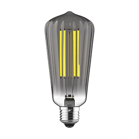 Classic E27 dimmable LED bulb in teardrop ST64 smoked ripple glass with visible amber filaments, 6.5W, 2100K, shown against a plain white background.