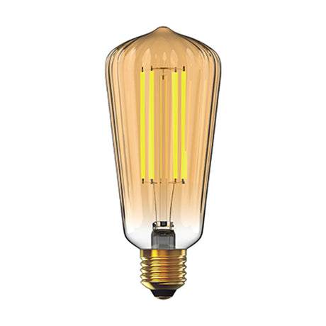 ST64 LED filament bulb with ridged gold-tinted glass and E27 brass fitting, showing warm-glowing vertical filaments, on a plain white background.