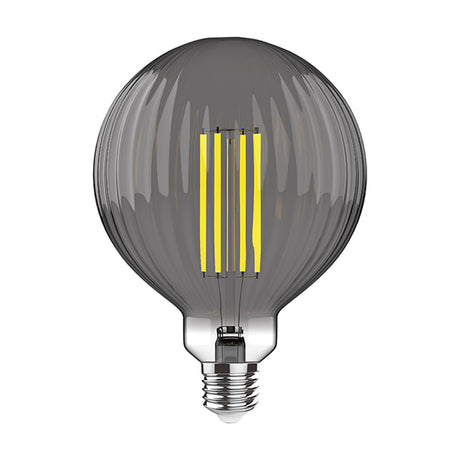 Classic E27 globe LED bulb, 12cm smoked ripple glass with visible vertical filaments and chrome cap, dimmable, shown on a plain white background.