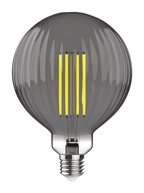 Classic E27 globe LED bulb with smoked ripple glass, 12cm G125 shape, four vertical LED filaments, and chrome-finished screw cap, shown on a plain white background.