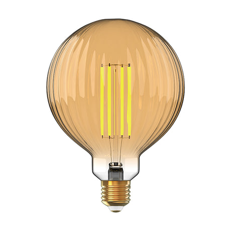 Classic E27 globe LED bulb, 12cm gold ripple glass with visible vertical filaments, dimmable, 6.5W, 2100K warm white, shown on a plain white background.