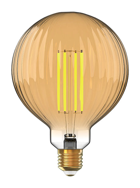 Classic E27 globe bulb in gold ripple glass with visible vertical LED filaments, 12cm dimmable design, 6.5W 2100K warm glow, brass-toned cap, on a plain white background.