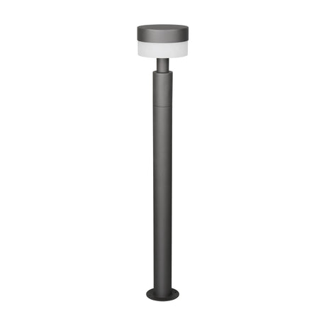 Mackenzie 95cm LED outdoor lamp post in anthracite, tall slim column with round head and circular diffuser, base plate mount, on a plain white background.