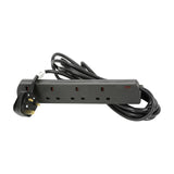 Mercury 4 gang extension lead in black with four UK sockets, indicator light, moulded 13A plug and coiled 5m cable on a white background.