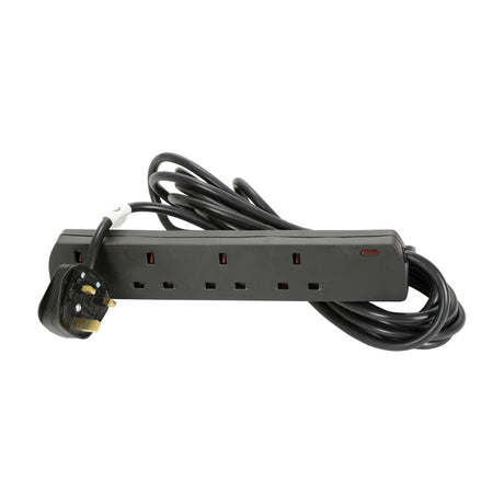 Mercury 4 gang extension lead in black with four UK sockets, indicator light, moulded 13A plug and coiled 5m cable on a white background.