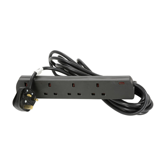Mercury 4 gang extension lead in black with four UK sockets, indicator light, moulded 13A plug and coiled 5m cable on a white background.