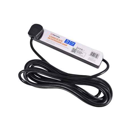 Mercury 4 gang black extension lead with 13A UK plug and 5m coiled PVC cable, shown on a plain white background.