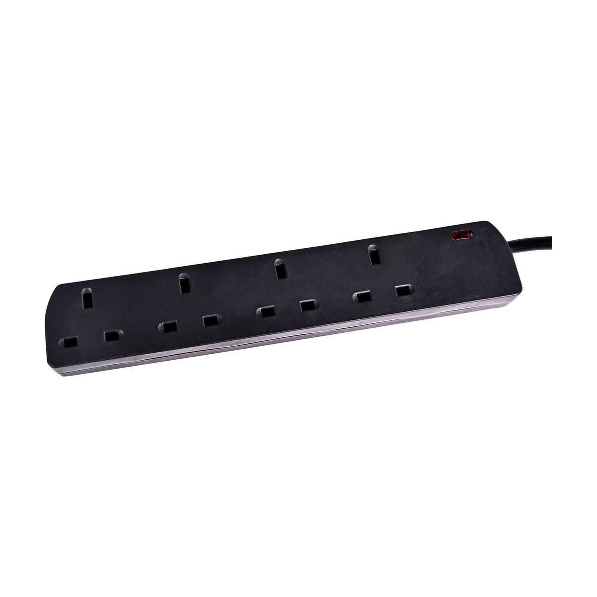Mercury 4 gang extension lead in black with four UK 13A sockets, red indicator light and 5m cable, shown on a plain white background.
