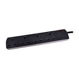Mercury 4 gang extension lead in black with four UK 13A sockets, red indicator light and 5m cable, shown on a plain white background.
