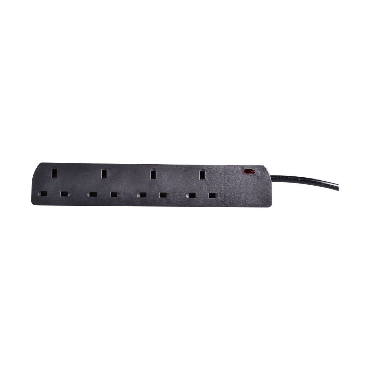 Mercury 4 gang extension lead in black with four UK sockets, red indicator light and 5m cable, shown on a plain white background.