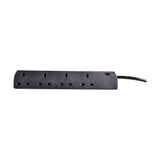 Mercury 4 gang extension lead in black with four UK sockets, red indicator light and 5m cable, shown on a plain white background.