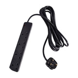 Mercury 4 gang extension lead in black with four UK 13A sockets, indicator light and 5m cable with moulded plug, on a white background.
