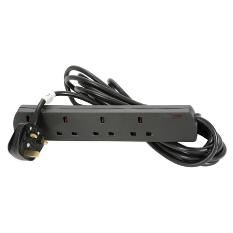 The Mercury UK 4 Gang Extension Lead 5m in black is a stylish power strip with four UK-style sockets and a lengthy cable, making it ideal for any room. It comes with a 13A UK plug and can be wall-mounted for extra convenience. The plug complies with British standards, featuring three prongs.