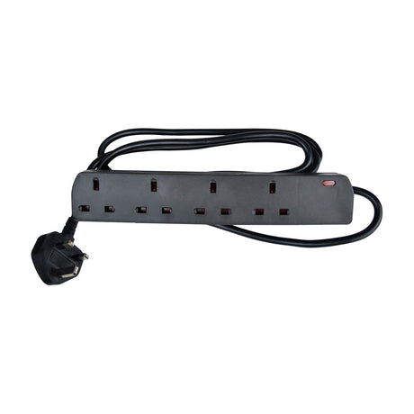 AVSL Mercury 4 gang extension lead in black polycarbonate with four UK 13A sockets, neon indicator, 2m cable and moulded plug on a white background.