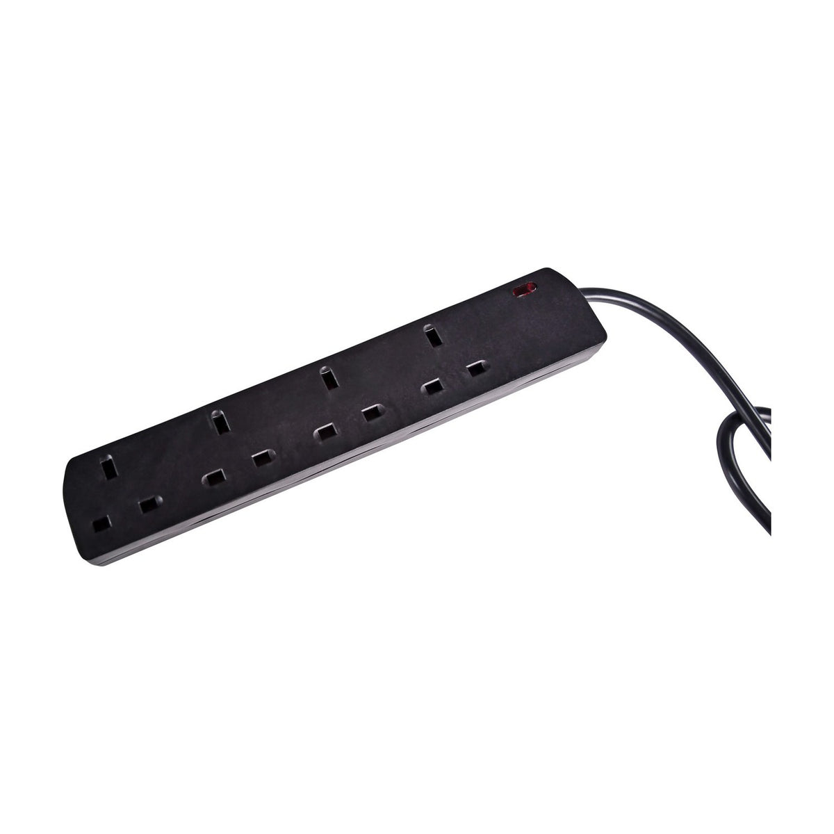 Mercury 4 gang extension lead in black polycarbonate with four UK 13A sockets, neon indicator and 2m moulded mains cable on a white background.