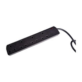 Mercury 4 gang extension lead in black polycarbonate with four UK 13A sockets, neon indicator and 2m moulded mains cable on a white background.