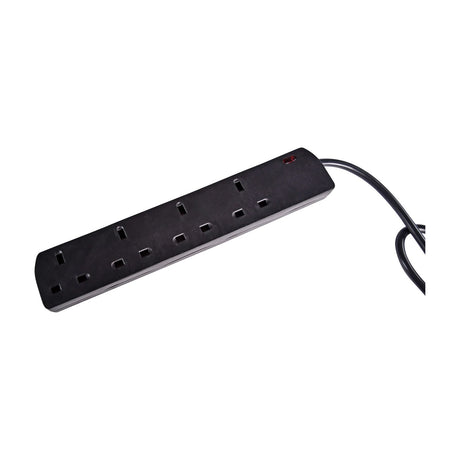 Mercury 4 gang extension lead in black polycarbonate with four UK 13A sockets, neon indicator and 2m moulded mains cable on a white background.