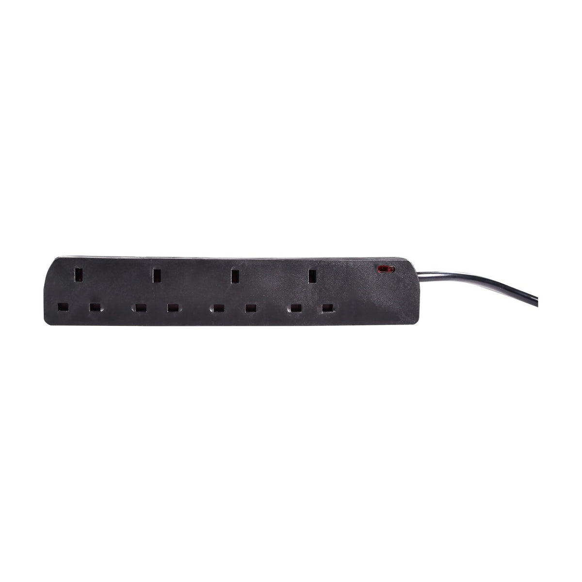 Mercury 4 gang extension lead in black polycarbonate with four UK 13A sockets, neon indicator and 2m moulded cable, on a plain white background.