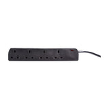 Mercury 4 gang extension lead in black polycarbonate with four UK 13A sockets, neon indicator and 2m moulded cable, on a plain white background.
