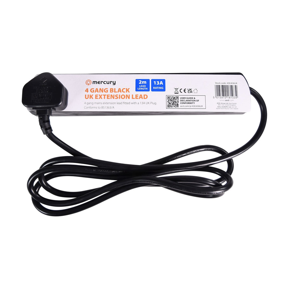 Mercury 4 gang black UK extension lead with moulded 13A plug and 2m cable coiled on a white background, showing the printed label.