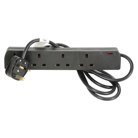 The Mercury UK 4 Gang Extension Lead 2m in black is displayed. It features four UK plug sockets with a 13A UK Plug and includes a coil-wrapped mains extension lead for easy storage, along with a power indicator light. This wall-mountable design offers convenient organization and space efficiency.