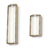 Kalvenne LED Glass Wall Light in satin bronze, shown in two sizes with ribbed glass shades and curved bronze frames, set against a plain white background.