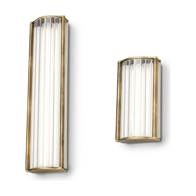 Kalvenne LED Glass Wall Light in satin bronze, shown in two sizes with ribbed glass shades and curved bronze frames, set against a plain white background.