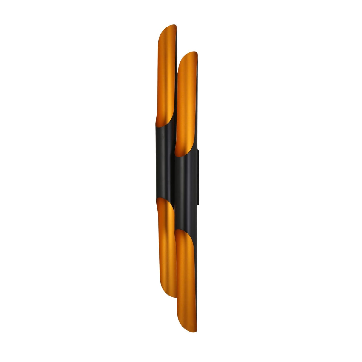 Niori Stealth 4 Light Wall Light in matt black with brushed brass interiors, four angled tubular arms on a slim back plate against a white background.