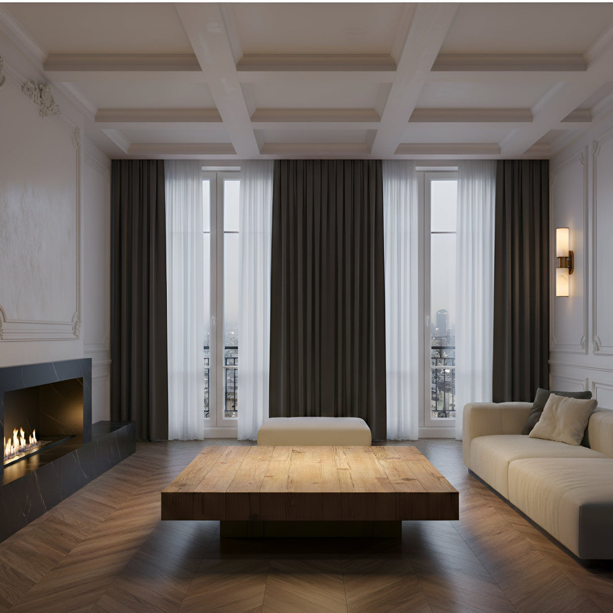 A modern, minimalistic living room with a beige sofa, wooden coffee table, fireplace on the left, large windows with sheer and dark curtains, herringbone floors, and the Lumara 2 Light Twin Tube Alabaster Wall Light in soft white & brushed brass.