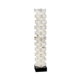 The Hexaryn LED Interlocking Alabaster Floor Lamp features a tall, rectangular design with stacked wavy white panels, a matte black square base, and marble-like texture with subtle brown veining for striking modern ambient lighting.