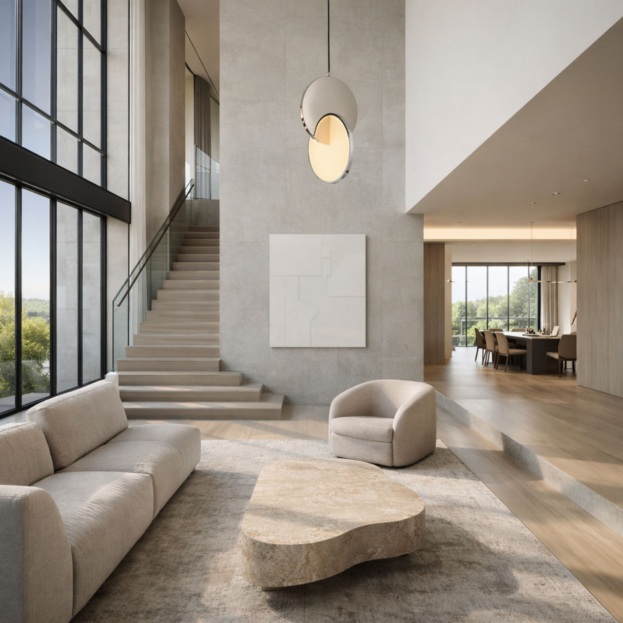 A modern living room with tall windows, neutral-toned furniture, a stone coffee table, a Half Moon LED Pendant Light - Silver, large abstract wall art, an open staircase upstairs, and a dining area visible in the background.