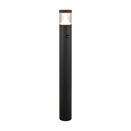 Tagus 100cm LED PIR lamp post in anthracite, a tall slim cylindrical aluminium column with clear diffuser top and built-in motion sensor, shown on a plain white background.