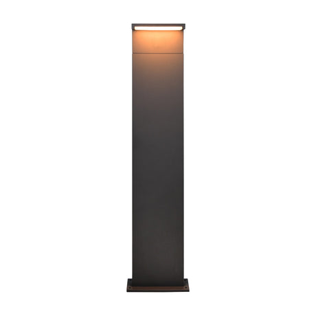 Ravi 100cm LED outdoor lamp post in anthracite, a slim square aluminium column with an integrated LED head glowing warm light, mounted on a rectangular base plate against a plain white background.