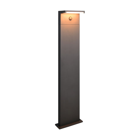 Ravi LED PIR outdoor lamp post in anthracite, slim rectangular column with horizontal top head and integrated downward-facing LED, shown lit on a plain white background.