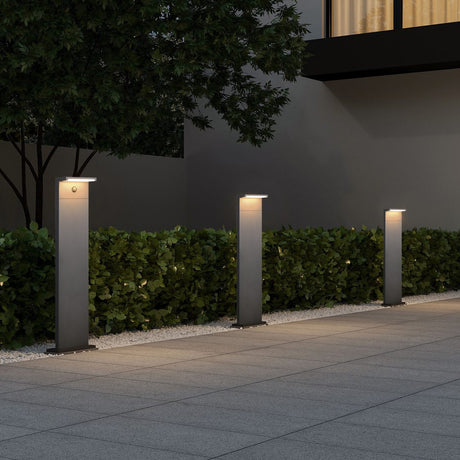 Ravi LED PIR outdoor lamp posts in anthracite with slim square columns and horizontal LED heads, lining a garden pathway beside hedges at dusk.